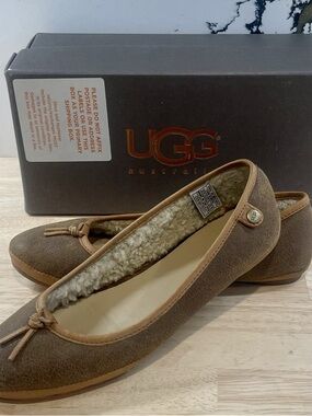 UGG Women's Brown Suede Shearling-Lined Ballet Flats